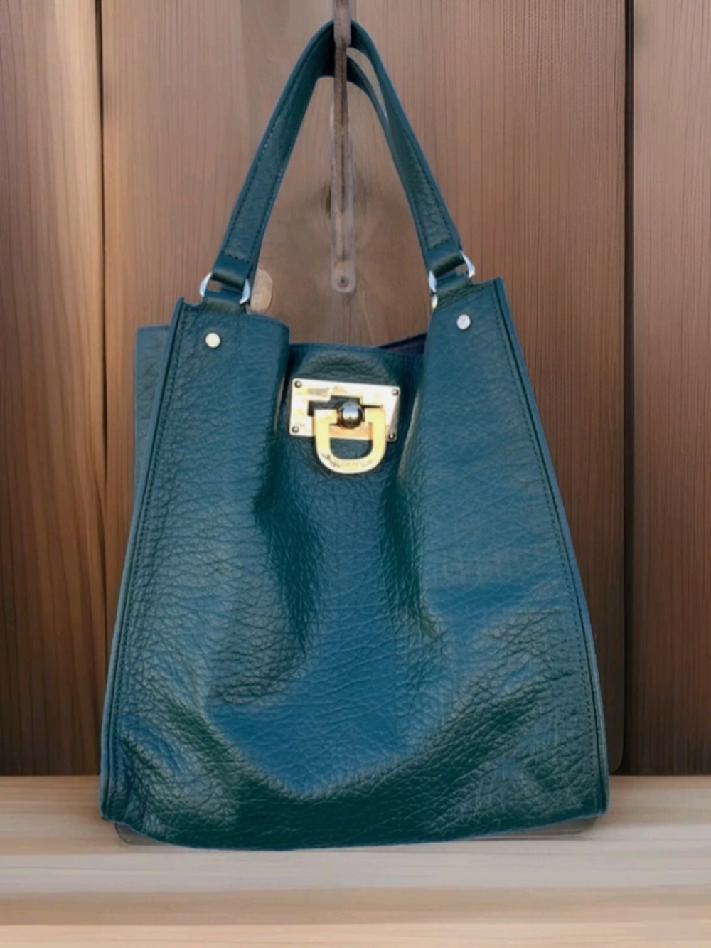 RARE VTG Y2K DKNY Purse Dark Green Pebbled Grain Leather Shoulder Purse Tote Bag